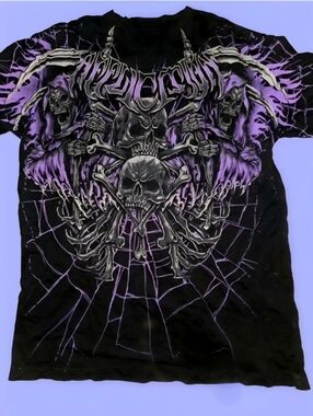 Affliction Black Tee with Purple and Silver Skull Graphic